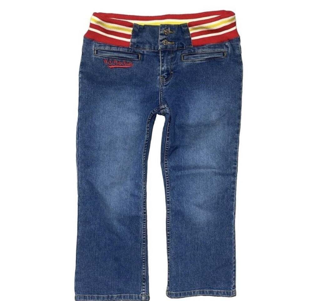 Y2K Striped Ribbed Waist Denim Capris Varsity Sporty Size 11/12 US Polo Assn Vtg